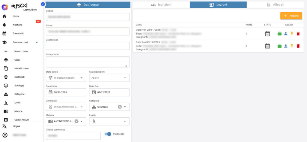 Gestione Corsi online Myscool