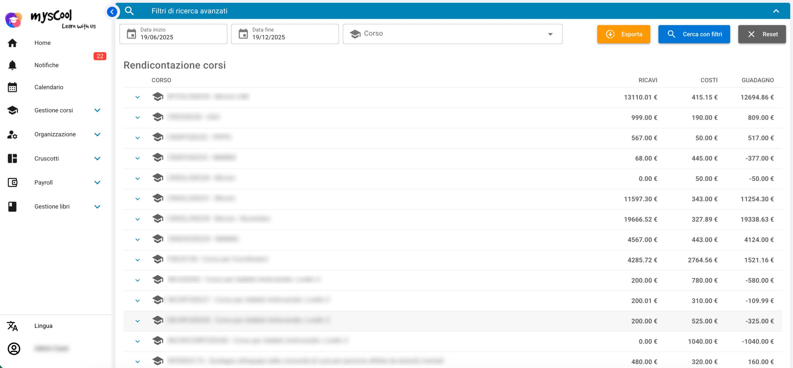 Rendicontazione di Corsi, Docenti e Clienti