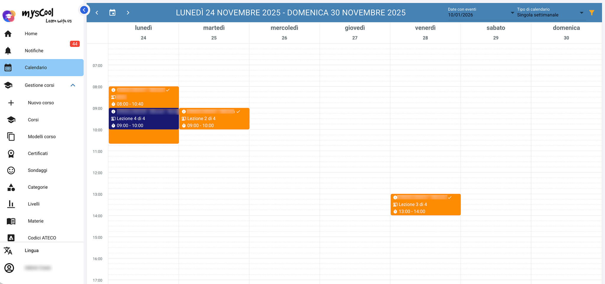Calendario corsi online MysCool