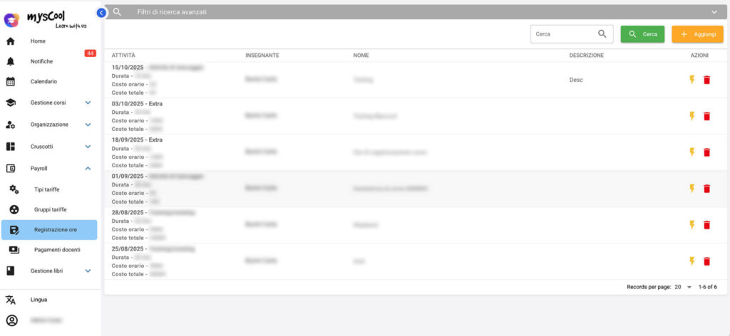 MysCool Registrazione Ore