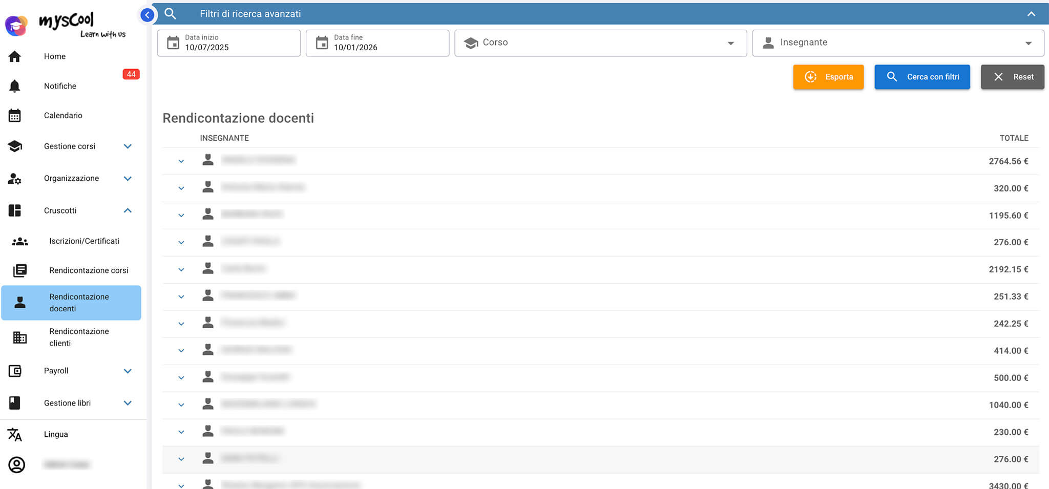 Rendicontazione pagamenti insegnanti MysCool